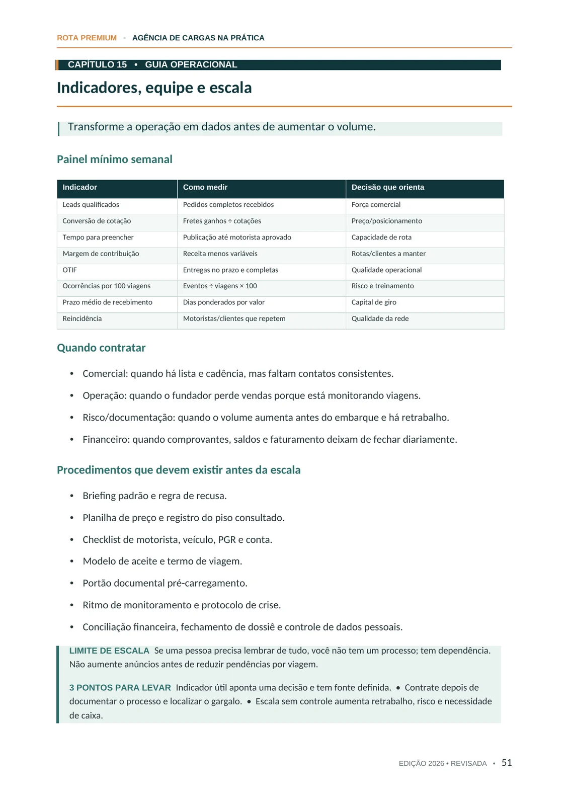 Página do guia com indicadores para operação e escala