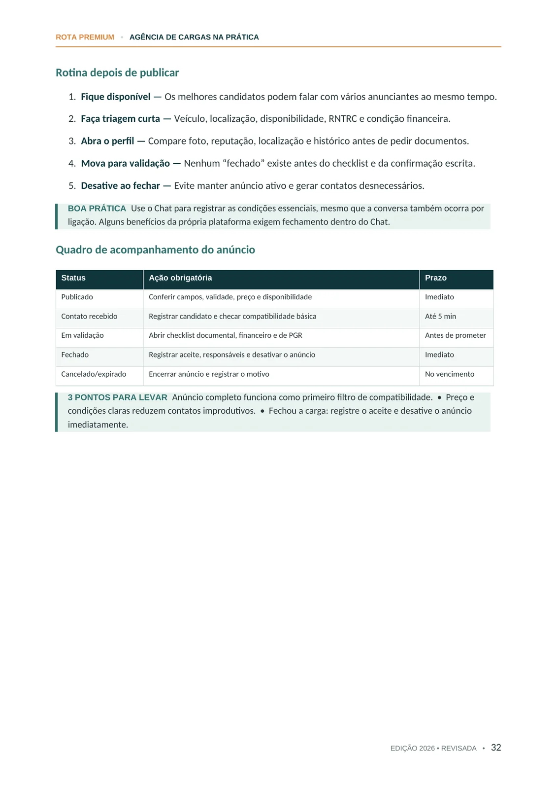 Página do guia com rotina e quadro de acompanhamento de anúncios